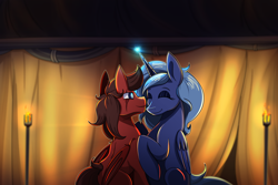 Size: 3000x2000 | Tagged: safe, artist:littletigressda, imported from derpibooru, princess luna, oc, oc:elias bright, oc:red, alicorn, bat pony, fanfic:the centurion project, fanfic art, female, male, mare, stallion, tent, torch