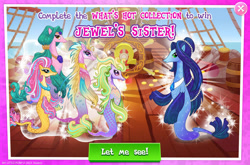 Size: 1962x1298 | Tagged: safe, imported from derpibooru, merpony, advertisement, collection, english, female, gameloft, group, jewel, jewel's sister, jewelry, mare, mobile game, my little pony: magic princess, necklace, official, text, unnamed character, unnamed merpony