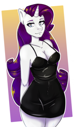 Size: 1474x2499 | Tagged: safe, artist:sharly, imported from derpibooru, rarity, anthro, unicorn, arm behind back, black dress, breasts, busty rarity, cleavage, clothes, dress, female, little black dress, outline, passepartout, solo, white outline