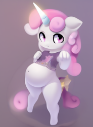 Size: 512x696 | Tagged: safe, imported from derpibooru, sweetie belle, anthro, unguligrade anthro, unicorn, ai content, ai generated, belly, chubby, fat, female, sweetie belly, wrong eye color