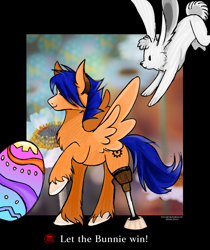 Size: 3024x3600 | Tagged: safe, artist:dzhu.sokolov, artist:sally stuart, imported from derpibooru, oc, oc only, oc:sidney galson, pegasus, amputee, blue mane, cog, digital art, easter, easter bunny, easter egg, holiday, male, pegasus oc, prosthetic limb, prosthetics, solo