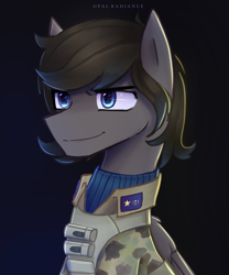 Size: 2368x2840 | Tagged: safe, artist:opal_radiance, imported from derpibooru, oc, oc only, oc:boreal bloom, pegasus, pony, clothes, eyebrows, gradient background, high res, kofi reward, male, pegasus oc, signature, smiling, smirk, solo, stallion, uniform