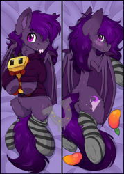 Size: 4144x5776 | Tagged: safe, artist:rokosmith26, imported from derpibooru, oc, oc only, oc:midnight purple, bat pony, bee, pony, absurd resolution, bat pony oc, bat wings, blaze (coat marking), blushing, body pillow, body pillow design, butt, cheek fluff, clothes, coat markings, commission, dakimakura cover, ear fluff, eye clipping through hair, eyebrows, eyebrows visible through hair, facial markings, fangs, food, forked tongue, fruit, holding, hoodie, jersey, long hair, long mane, looking at you, lying down, male, mango, markings, minecraft, minecraft bee, on back, partially open wings, pink eyes, plot, plushie, prone, smiling, smiling at you, socks, solo, spread wings, stallion, striped socks, teeth, tongue out, tooth, wall of tags, watermark, wings