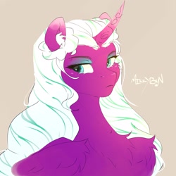 Size: 2048x2048 | Tagged: safe, artist:mikkybun, imported from derpibooru, opaline arcana, alicorn, pony, spoiler:g5, bust, chest fluff, curved horn, ear fluff, eyebrows, eyeshadow, female, folded wings, frown, g5, gray background, high res, horn, makeup, mare, signature, simple background, solo, wings