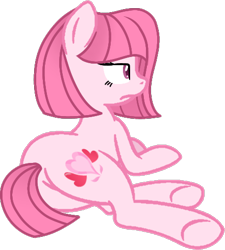 Size: 441x491 | Tagged: safe, artist:softybases, artist:tanahgrogot, imported from derpibooru, oc, oc only, oc:annisa trihapsari, earth pony, pony, annibutt, butt, cute, earth pony oc, female, food, ibispaint x, mare, ocbetes, pink body, pink eyes, pink mane, plot, simple background, sitting, solo, sultry pose, transparent background