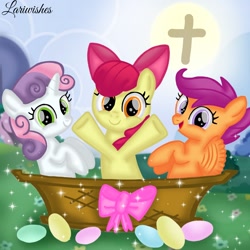 Size: 1400x1400 | Tagged: safe, artist:mlplary6, imported from derpibooru, apple bloom, scootaloo, sweetie belle, earth pony, pegasus, pony, unicorn, basket, christianity, cross, cutie mark crusaders, easter, easter egg, female, filly, foal, friends, holiday, looking at you, religion, smiling, smiling at you