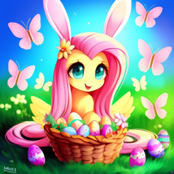 Size: 2048x2048 | Tagged: safe, imported from derpibooru, fluttershy, butterfly, pegasus, pony, ai content, ai generated, basket, bunny ears, cute, easter, easter egg, female, flower, flower in hair, generator:purplesmart.ai, generator:stable diffusion, grass, holiday, looking at you, mare, shyabetes, smiling, spread wings, wings