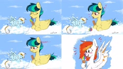 Size: 3840x2160 | Tagged: safe, artist:greatsunflow42, imported from derpibooru, oc, oc:apogee, pegasus, pony, 4 panel comic, cloud, comic, dropped ice cream, food, ice cream, ice cream cone, licking, lying down, oc name needed, ponyloaf, prone, tongue out