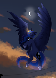 Size: 2611x3645 | Tagged: safe, artist:itzlarinda17, imported from derpibooru, princess luna, alicorn, firefly (insect), insect, flying, moon, sky, stars