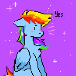 Size: 777x778 | Tagged: safe, artist:greatsunflow42, imported from derpibooru, rainbow dash, pegasus, pony, pixel art, purple background, simple background, solo, yes