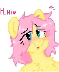 Size: 679x834 | Tagged: safe, artist:greatsunflow42, imported from derpibooru, fluttershy, pegasus, pony, chest fluff, eye clipping through hair, hair over one eye, hi, pixel art, short mane, simple background, solo, white background
