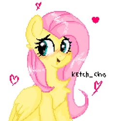 Size: 712x730 | Tagged: safe, artist:greatsunflow42, imported from derpibooru, fluttershy, pegasus, pony, blushing, chest fluff, heart, looking sideways, pixel art, simple background, solo, white background