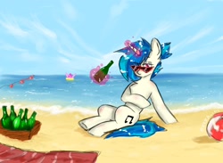 Size: 2048x1502 | Tagged: safe, artist:greatsunflow42, imported from derpibooru, dj pon-3, pinkie pie, vinyl scratch, pony, unicorn, ball, beach, bottle, inner tube, magic, pool toy, solo focus, sunglasses, telekinesis, towel, water