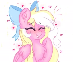 Size: 2048x1740 | Tagged: safe, artist:greatsunflow42, imported from derpibooru, oc, oc only, oc:bay breeze, pegasus, pony, bow, chest fluff, emanata, eyes closed, hair bow, simple background, smiling, solo, white background