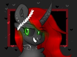 Size: 1122x832 | Tagged: safe, artist:greatsunflow42, imported from derpibooru, oc, oc only, oc:void, alicorn, pony, alicorn oc, black sclera, bust, grin, horn, nose piercing, nose ring, piercing, smiling, solo, wings