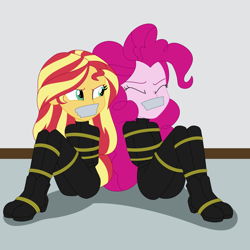 Size: 2000x2000 | Tagged: safe, artist:splendidbondage, imported from derpibooru, pinkie pie, sunset shimmer, human, equestria girls, ass, bondage, boots, bound and gagged, butt, catsuit, duo, duo female, eyes closed, female, gag, rope, rope bondage, shoes, tape, tape gag, tied up