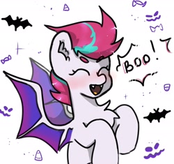 Size: 2048x1927 | Tagged: safe, artist:greatsunflow42, imported from derpibooru, zipp storm, bat, bat pony, pony, ^^, bat ponified, boo, chest fluff, eyes closed, fangs, g5, halloween, holiday, open mouth, open smile, race swap, simple background, smiling, solo, white background