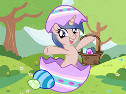 Size: 1033x774 | Tagged: safe, artist:starlingsentry27, imported from derpibooru, oc, oc only, pony, unicorn, basket, bipedal, easter, easter basket, easter egg, excited, female, flower, grass, hill, holiday, horn, mare, outdoors, solo, tree, unicorn oc