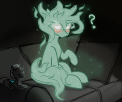 Size: 2194x1856 | Tagged: safe, artist:ashel_aras, imported from derpibooru, oc, oc only, changeling, ghost, ghost pony, pony, undead, couch, dark background, duo, embarrassed, looking at you, lying down, pleased, prone, question mark, sitting