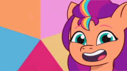 Size: 480x270 | Tagged: safe, artist:knife smile, edit, edited screencap, imported from derpibooru, screencap, sunny starscout, earth pony, pony, animated, bust, episode needed, eyebrows, eyebrows visible through hair, female, g5, gif, looking at you, mane stripe sunny, mare, my little pony: tell your tale, open mouth, open smile, seizure warning, smiling, smiling at you, solo, spinning