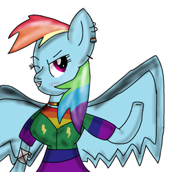 Size: 1000x1000 | Tagged: safe, imported from derpibooru, rainbow dash, anthro, pegasus, arm hooves, bandage, clothes, ear piercing, earring, female, jewelry, mare, piercing, simple background, solo, spread wings, white background, wings