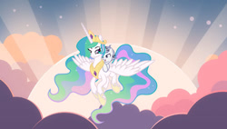 Size: 1280x726 | Tagged: safe, artist:vi45, imported from derpibooru, princess celestia, oc, pony, female, filly, flying, foal, needs more jpeg, sunrise