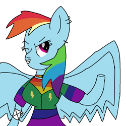 Size: 1000x1000 | Tagged: safe, imported from derpibooru, rainbow dash, anthro, pegasus, arm hooves, bandage, clothes, ear piercing, earring, jewelry, piercing, simple background, solo, spread wings, white background, wings