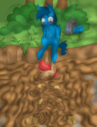 Size: 1600x2086 | Tagged: safe, artist:pzkratzer, imported from derpibooru, oc, oc:ponygriff, bat pony, griffling, original species, backpack, bathing, belly button, blushing, eyes closed, forest, heat, implied mud bath, looking at each other, looking at someone, messy, mud, mud bath, muddy, paws, ponygriff, relaxing, sitting, summer, swamp, underpaw