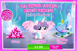 Size: 1956x1301 | Tagged: safe, imported from derpibooru, princess flurry heart, alicorn, crystal pony, pony, advertisement, bush, costs real money, crystallized, cute, diaper, english, female, filly, flurrybetes, foal, gameloft, gem, horn, mare, mobile game, my little pony: magic princess, numbers, official, sale, solo, spread wings, text, wings