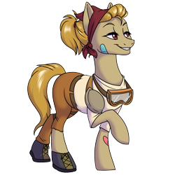 Size: 2000x2000 | Tagged: safe, artist:floots, imported from derpibooru, oc, oc:bowel grinder, oc:gear shift, earth pony, pony, bandaid, bandana, belt, clothes, goggles, pants, shoes, shoulder pads, smiling, solo, split personality