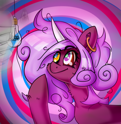Size: 1614x1650 | Tagged: safe, artist:ybkathan, imported from derpibooru, oc, oc only, oc:dewulf, pony, unicorn, abstract background, crazy eyes, ear piercing, lamp, piercing, psycho, solo