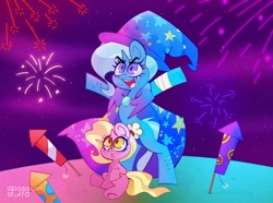 Size: 1472x1096 | Tagged: safe, artist:opossum-stuff, imported from derpibooru, luster dawn, trixie, pony, unicorn, duo, female, filly luster dawn, fireworks