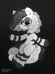 Size: 1370x1840 | Tagged: safe, artist:opossum-stuff, imported from derpibooru, oc, oc only, zebra, black and white, dreadlocks, grayscale, monochrome, solo, space, wide eyes, zebra oc