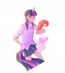 Size: 1807x2048 | Tagged: safe, artist:la_ma_grama, imported from derpibooru, twilight sparkle, human, clothes, female, horn, horned humanization, humanized, light skin, magic, quill, scroll, simple background, skirt, solo, tail, tailed humanization, telekinesis, white background