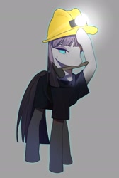 Size: 1365x2030 | Tagged: safe, artist:6ji5z6gmst1j2vs, imported from derpibooru, maud pie, earth pony, pony, female, gray background, helmet, mining helmet, mouth hold, simple background, solo