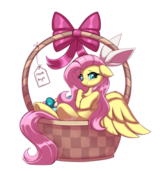 Size: 3527x3749 | Tagged: safe, artist:confetticakez, imported from derpibooru, fluttershy, pegasus, pony, basket, blushing, bunny ears, cute, easter, easter egg, female, floppy ears, holiday, implied angel bunny, mare, shyabetes, simple background, smiling, solo, text, white background