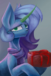 Size: 2000x3000 | Tagged: safe, artist:anastas, imported from derpibooru, oc, oc:cyanite star, crystal pony, hybrid, original species, pony, unicorn, birthday gift, birthday gift art, blue coat, blue fur, box, bust, clothes, commission, crystal, crystal horn, curved horn, emerald, gift art, gift wrapped, gradient background, green eyes, happy birthday, horn, looking at you, oda 1997, portrait, present, purple hair, purple mane, ribbon, scarf, smiling, smiling at you, solo, sternocleidomastoid, transformation