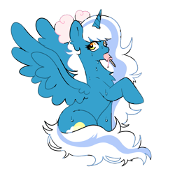 Size: 871x852 | Tagged: safe, artist:sxlipsis, imported from derpibooru, oc, oc only, oc:fleurbelle, alicorn, pony, alicorn oc, bow, female, food, hair bow, horn, mare, popsicle, simple background, sitting, solo, sweat, transparent background, wings, yellow eyes