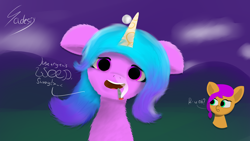 Size: 3840x2160 | Tagged: safe, artist:sadesix, imported from derpibooru, izzy moonbow, sunny starscout, earth pony, pony, unicorn, bust, dialogue, drugs, duo, english, female, g5, high, mare, simple background, stoned