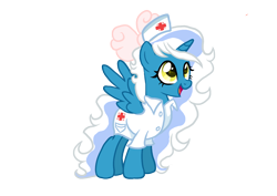 Size: 1754x1240 | Tagged: safe, artist:darling-dreamer, imported from derpibooru, oc, oc only, oc:fleurbelle, alicorn, pony, alicorn oc, bow, cute, female, hair bow, hat, horn, mare, nurse, nurse hat, nurse outfit, simple background, solo, transparent background, wingding eyes, wings, yellow eyes