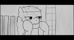 Size: 1107x605 | Tagged: safe, artist:zan logemlor, imported from derpibooru, twist, earth pony, pony, american psycho, female, filly, foal, grayscale, monochrome, patrick bateman, solo