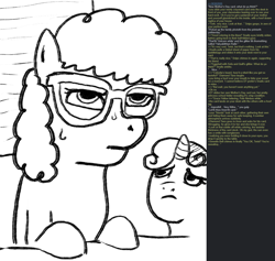 Size: 1436x1364 | Tagged: safe, artist:zan logemlor, imported from derpibooru, sweetie belle, twist, earth pony, pony, unicorn, american psycho, female, filly, foal, glasses, greentext, horn, patrick bateman, text