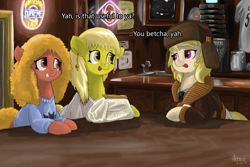 Size: 2160x1440 | Tagged: safe, artist:atteez, imported from derpibooru, march gustysnows, earth pony, pony, clothes, dialogue, ear piercing, fargo, female, hat, indoors, mare, open mouth, open smile, piercing, smiling, sweater, trio, trio female