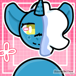 Size: 900x900 | Tagged: safe, artist:skelet0nclique, imported from derpibooru, oc, oc only, oc:fleurbelle, alicorn, pony, alicorn oc, female, hair over one eye, horn, mare, pink background, simple background, smiling, solo, wings, yellow eyes