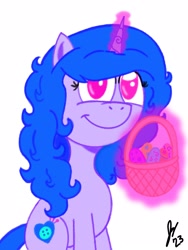 Size: 1620x2160 | Tagged: safe, artist:jesslmc16, imported from derpibooru, izzy moonbow, pony, unicorn, basket, bust, character, colored, digital art, easter, easter basket, easter egg, egg, female, g5, grin, happy, happy easter, holiday, levitation, magic, mare, portrait, procreate app, smiling, telekinesis