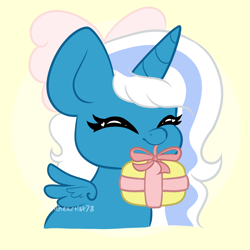 Size: 2050x2050 | Tagged: safe, artist:pen-art78, imported from derpibooru, oc, oc only, oc:fleurbelle, alicorn, adorabelle, alicorn oc, bow, cute, female, hair bow, happy, horn, mare, mouth hold, ocbetes, present, simple background, smiling, wings, yellow background