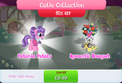 Size: 1263x860 | Tagged: safe, imported from derpibooru, petunia petals, earth pony, pony, bouquet, bouquet of flowers, bundle, clothes, costs real money, english, female, flower, flower in hair, gameloft, mare, mobile game, my little pony: magic princess, numbers, official, sale, solo, text