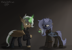 Size: 3825x2700 | Tagged: safe, artist:ashel_aras, imported from derpibooru, oc, oc only, bat pony, changedling, changeling, hybrid, zebra, cigarette, clothes, dark background, dissatisfied, duo, lighter, magic, misunderstanding, offering, telekinesis