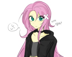 Size: 1060x829 | Tagged: safe, artist:rainn__1026, imported from derpibooru, fluttershy, human, equestria girls, bust, choker, clothes, female, hoodie, korean, simple background, solo, white background