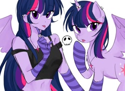 Size: 1139x836 | Tagged: safe, artist:rainn__1026, imported from derpibooru, twilight sparkle, alicorn, human, pony, equestria girls, chest fluff, clothes, duo, ear piercing, female, goth, human ponidox, piercing, self paradox, self ponidox, simple background, socks, striped socks, twilight sparkle (alicorn), white background, wings